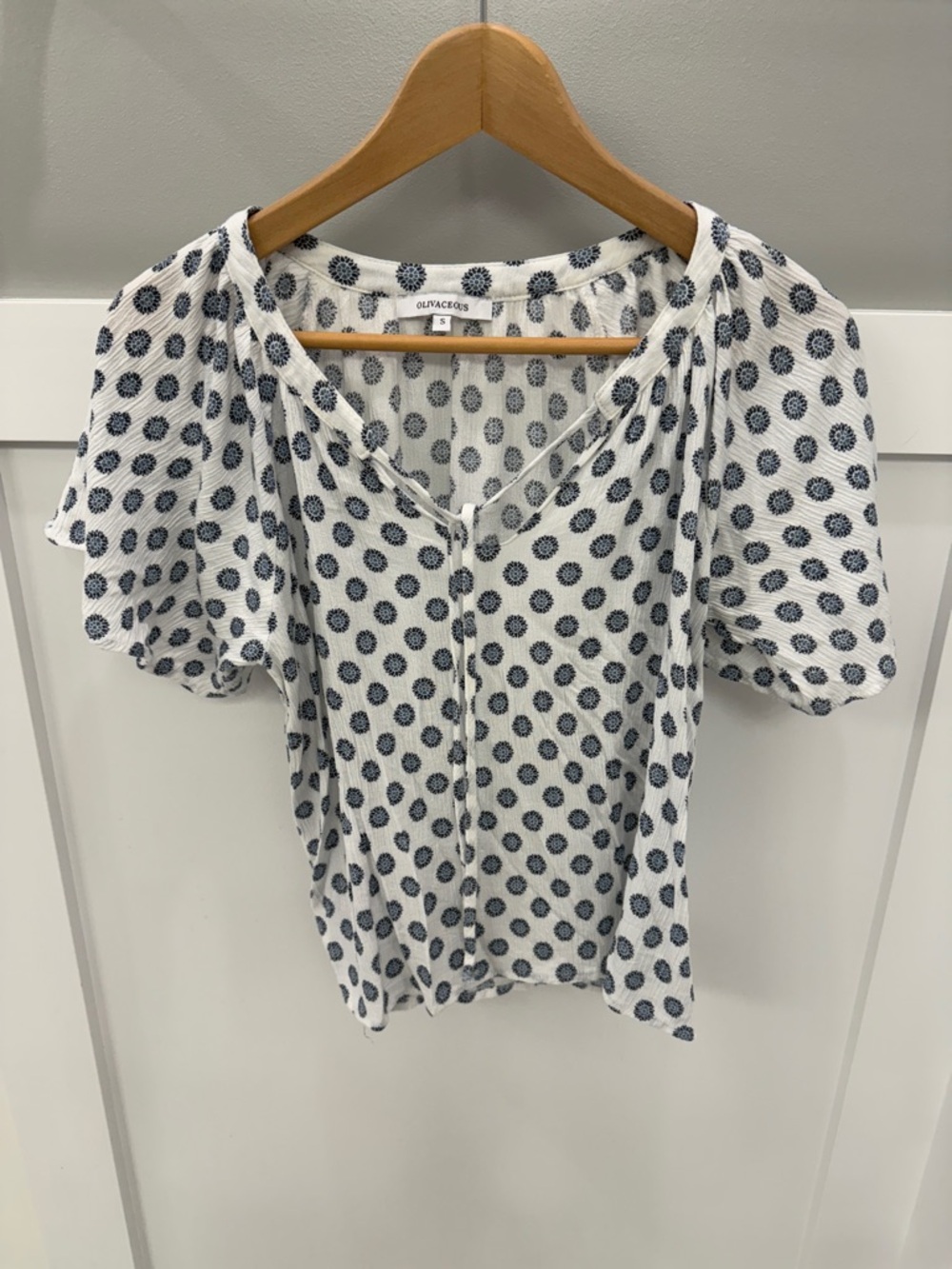 Olivaceous White with Navy Print Tie-Neck Blouse